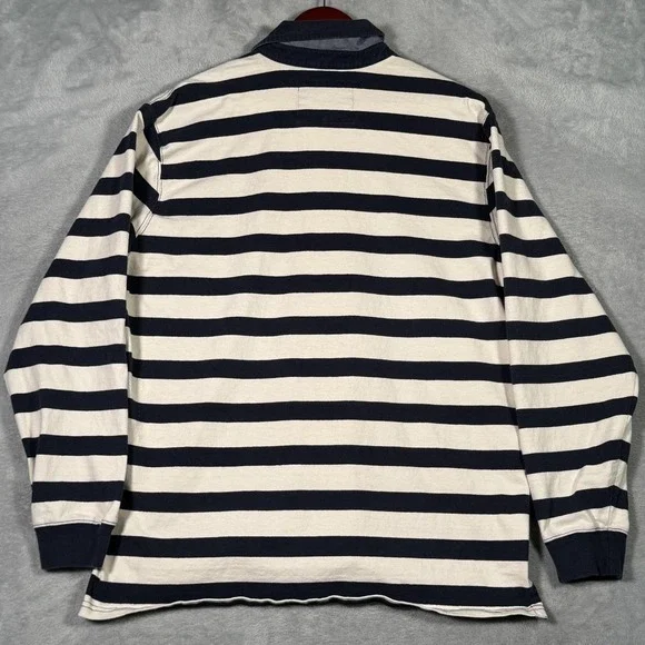 L.L.Bean Rugby Polo Shirt Mens Large Blue Stripe Long Sleeve Cotton Casual - Picture 7 of 8